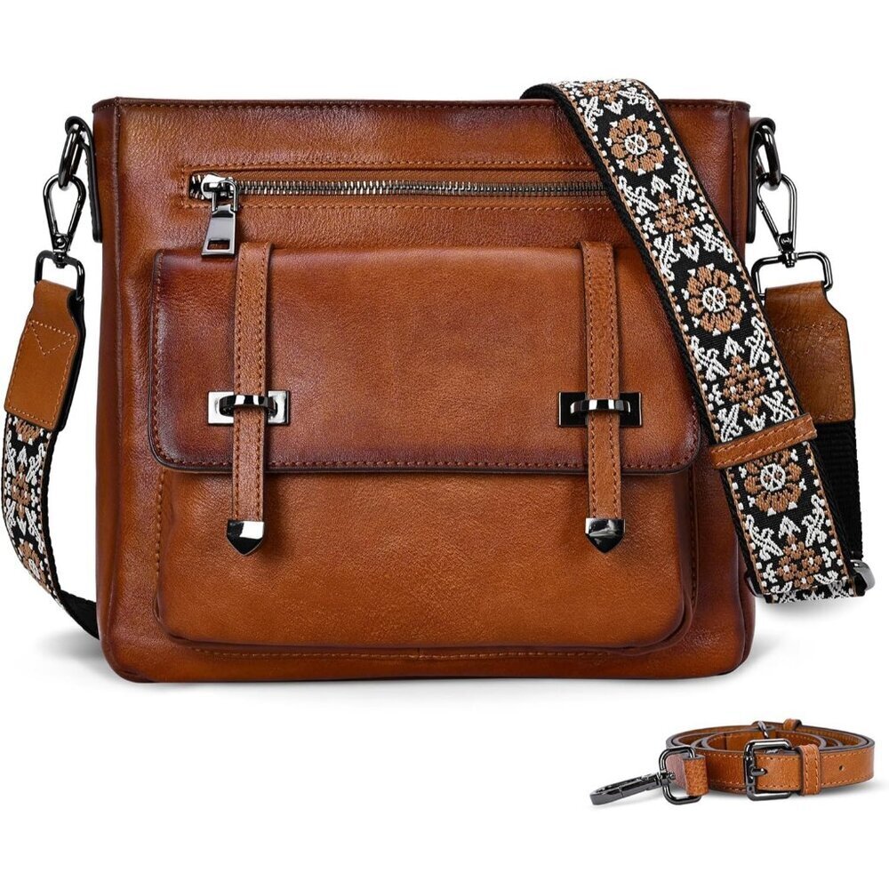 Women Light Brown leather Imported Zipper Purse Adjustable Strap Crossbody Bag